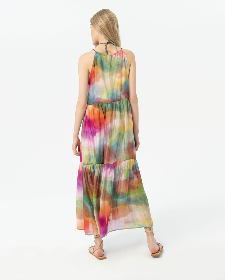 Oversize satin printed long dress