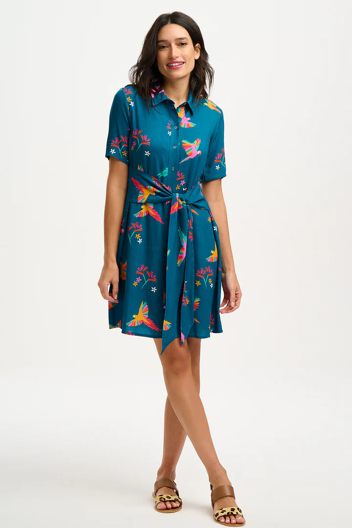 Dessie Shirt Dress - Teal, Rainbow Parrots