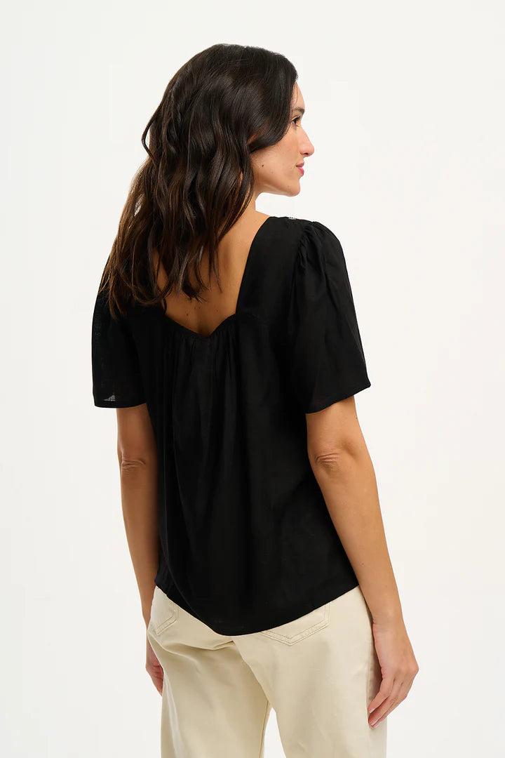 Carmen Top - Black, Flamingo Doodle Embroidery