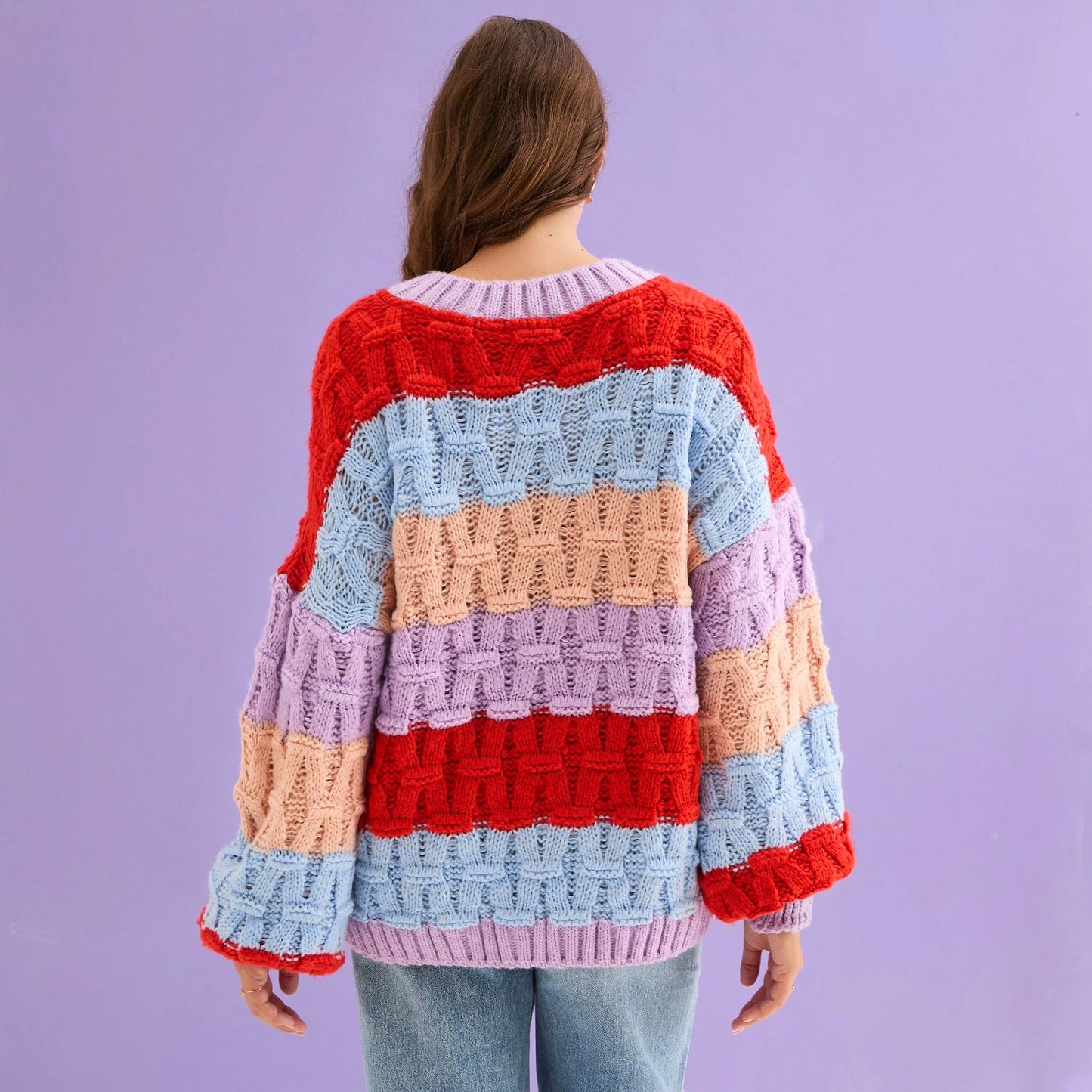 Mandy Criss-Cross Stitch Balloon Sleeve Stripe Jumper - Orange