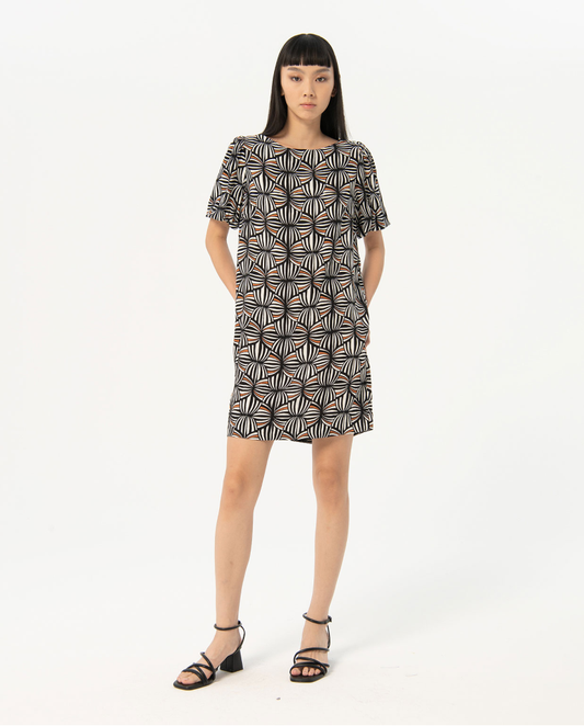 Printed crepe short straight dress