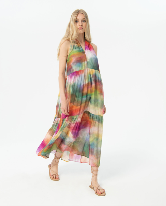 Oversize satin printed long dress