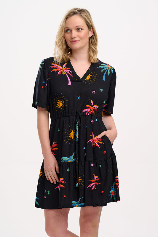 Sabine Mini Dress - Black, Palms & Sunshine