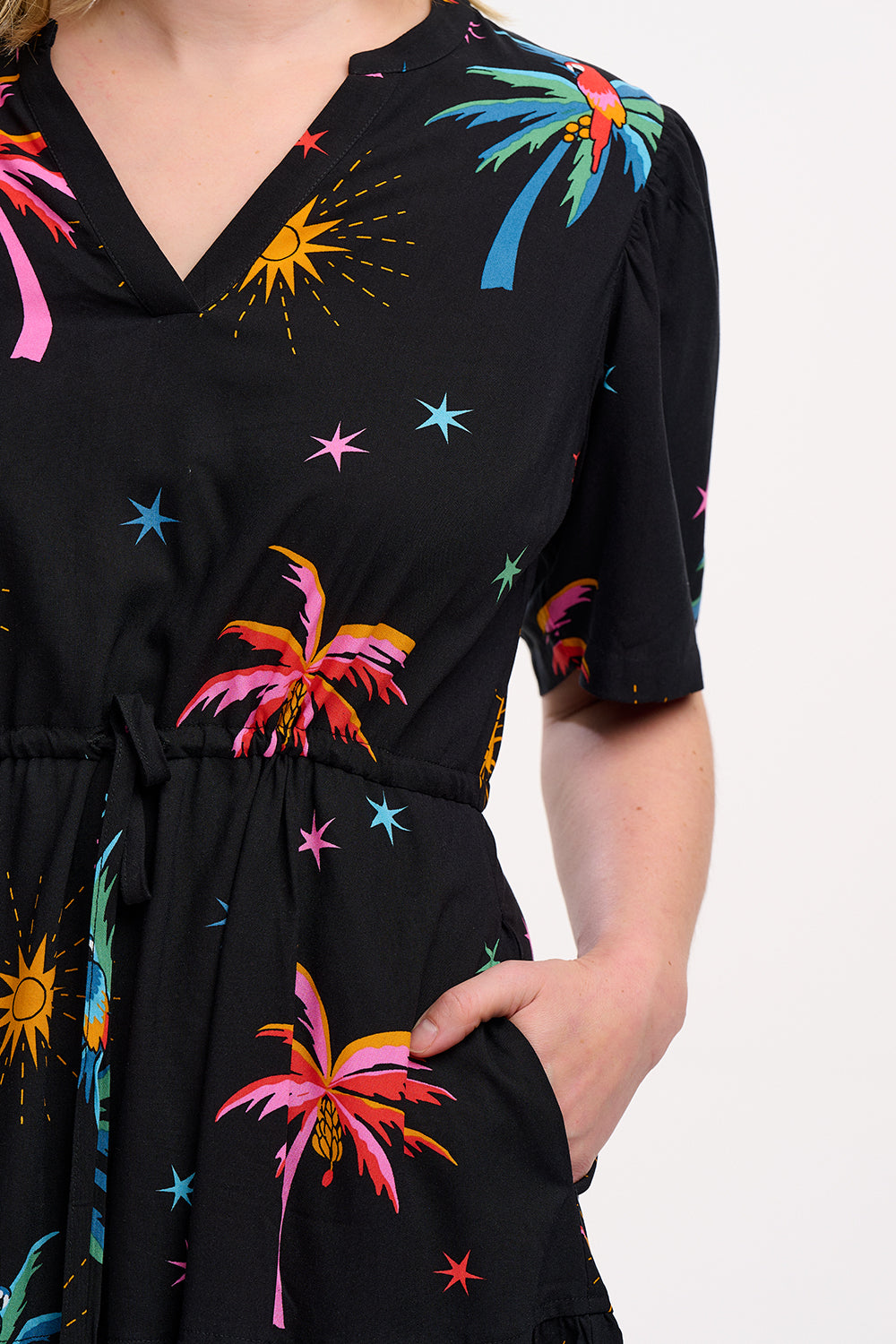 Sabine Mini Dress - Black, Palms & Sunshine