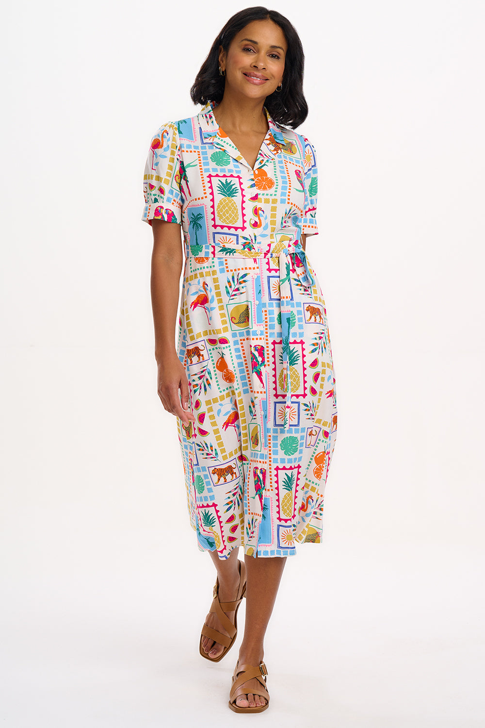 Penelope Midi Shirt Dress - Off-white, Jungle Tile