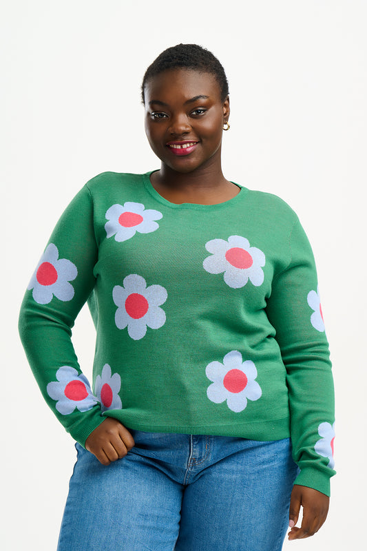 Rowena Jumper - Green Retro Flowers