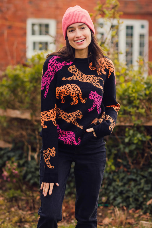 Thalia Jumper - Black, Running Leopards