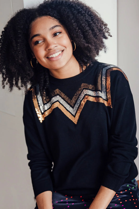 Anjali Sequin Jumper - Black, Chevron Stripes