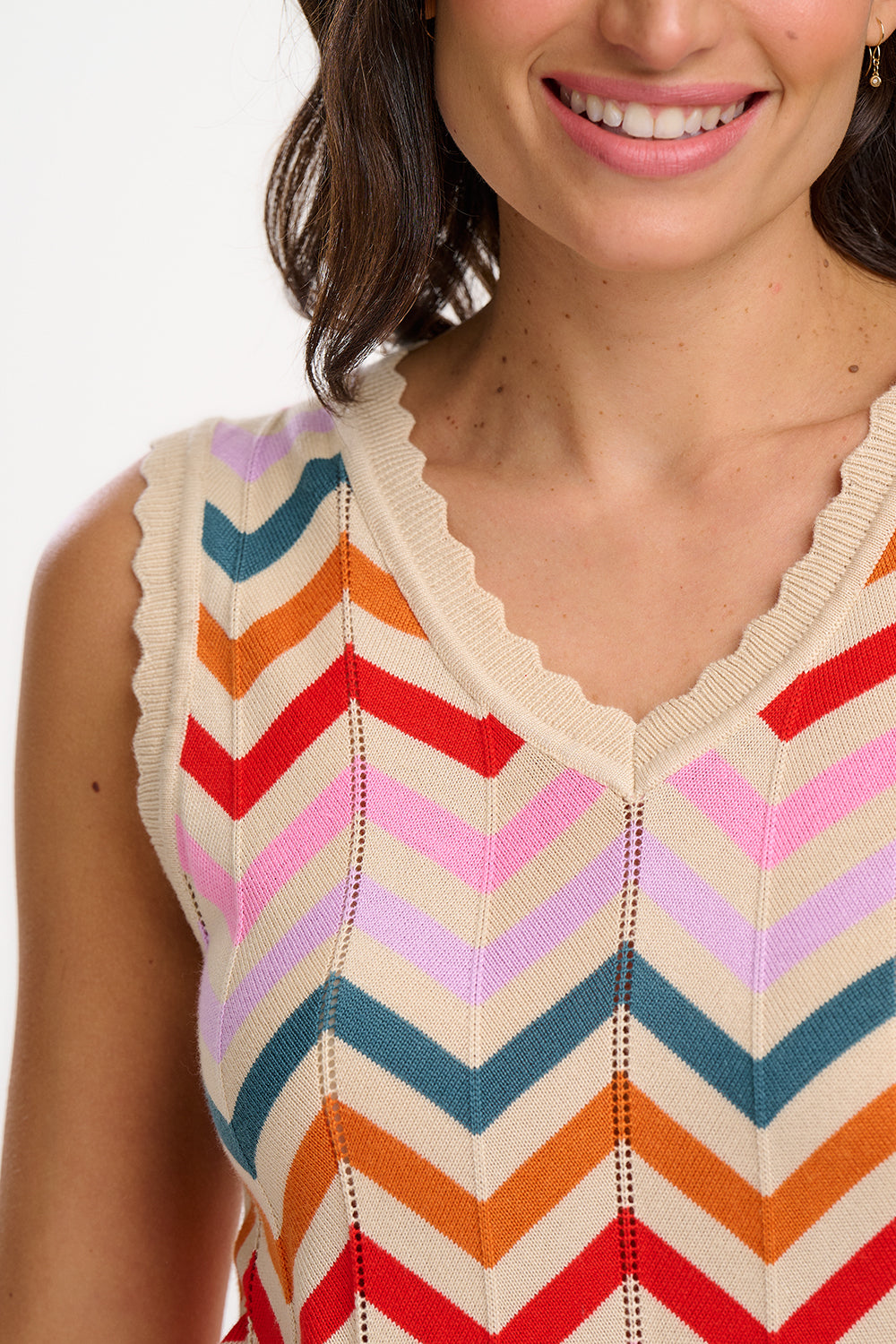 Rosy V-Neck Knit Vest - Cream, Rainbow Chevron Stripes