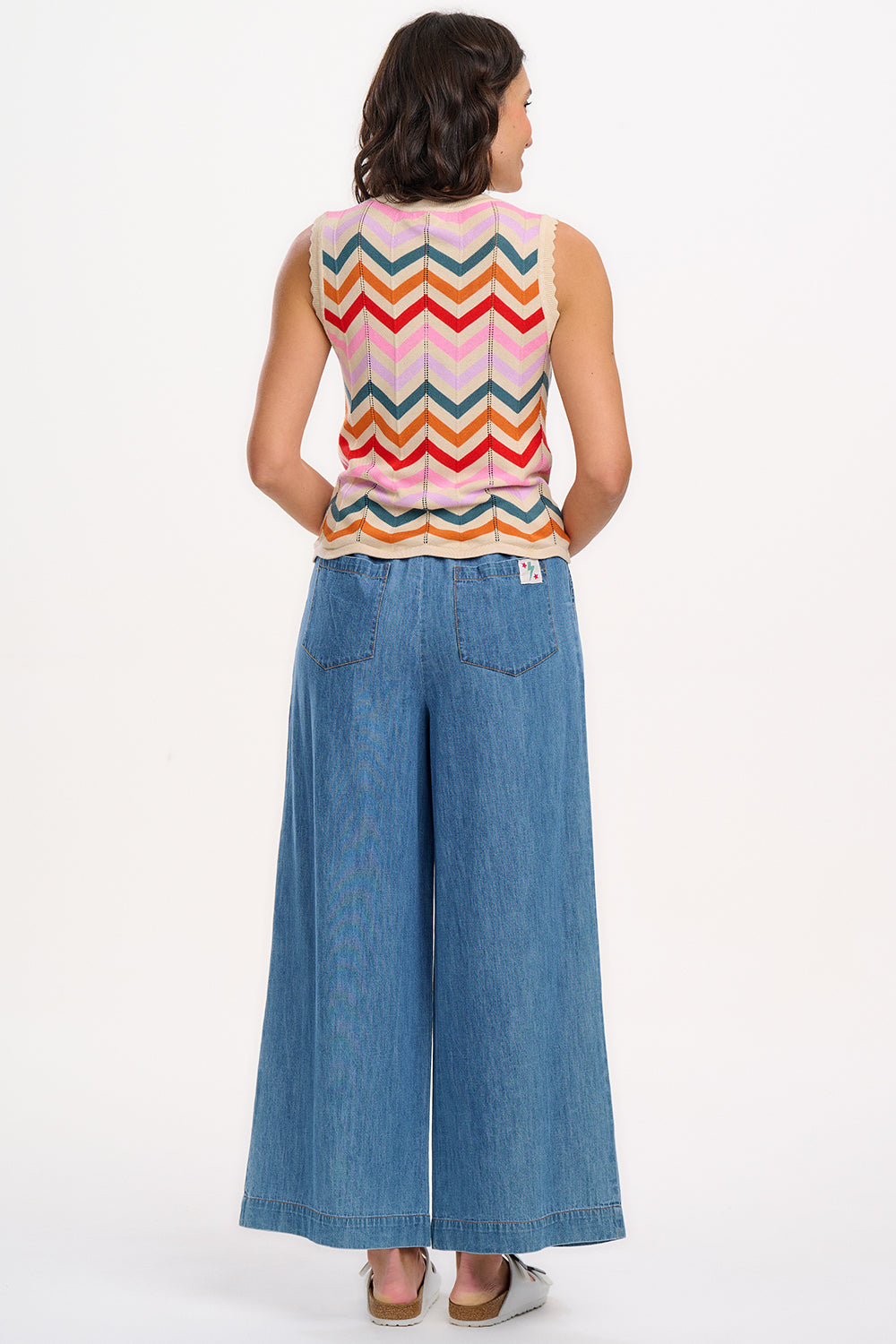 Rosy V-Neck Knit Vest - Cream, Rainbow Chevron Stripes