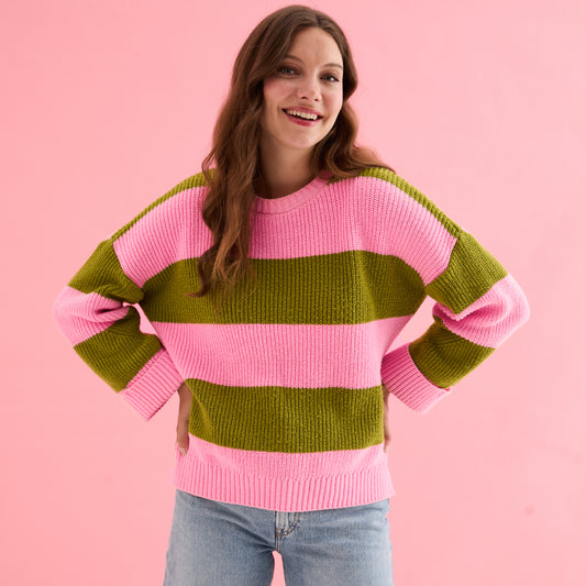 Rhiannon Recycled Cotton Blend Stripe Jumper - Pink and Green