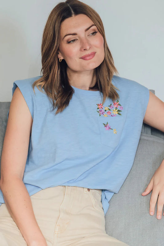 Chrissy Relaxed Tank T-shirt - Blue, Floral Pocket