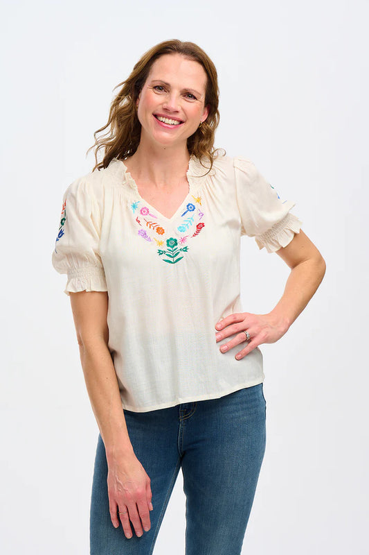 Haydee Shirred Top - Off-White, Rainbow Flora