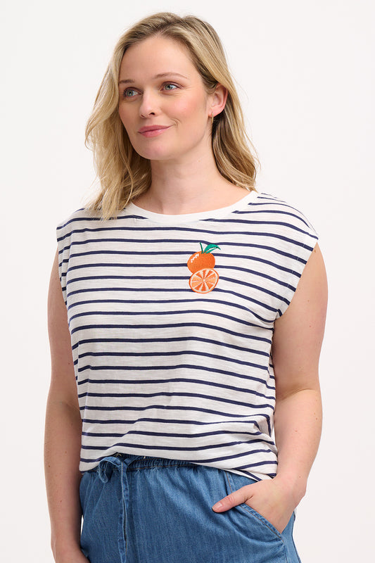 Chrissy Relaxed Tank T-Shirt - Off-White/Navy, Fruity Orange