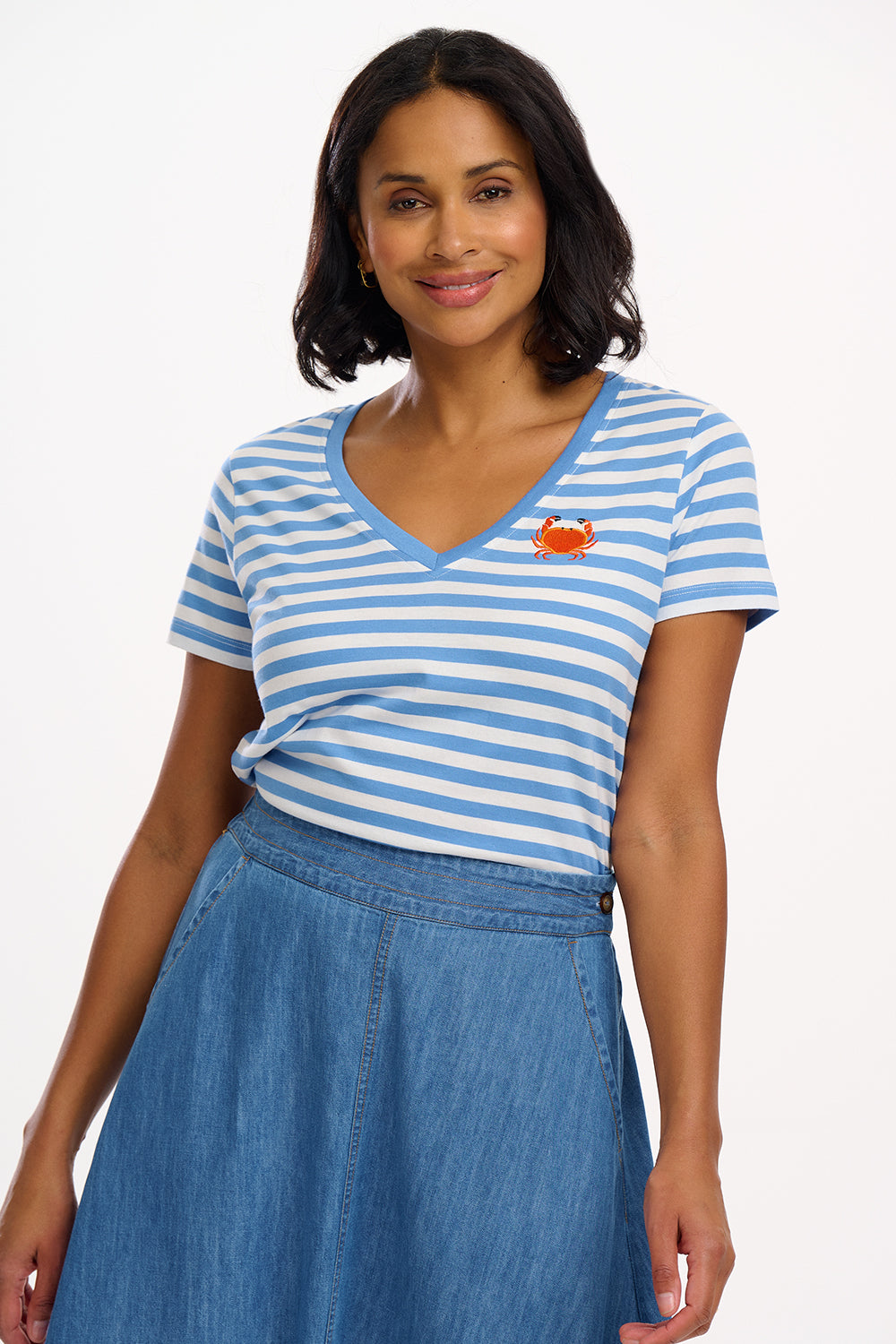 Khloe V-Neck T-Shirt - Off-White/Blue, Stripy Crab
