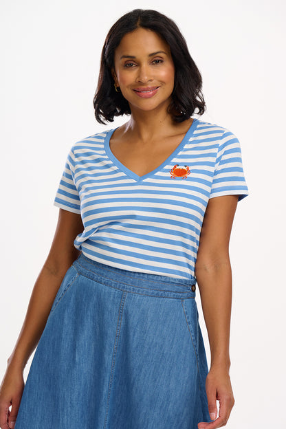 Khloe V-Neck T-Shirt - Off-White/Blue, Stripy Crab