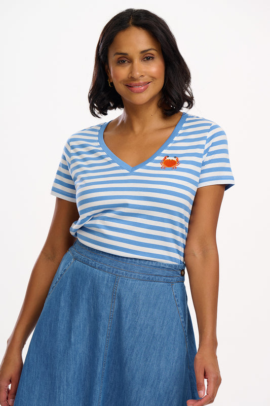Khloe V-Neck T-Shirt - Off-White/Blue, Stripy Crab