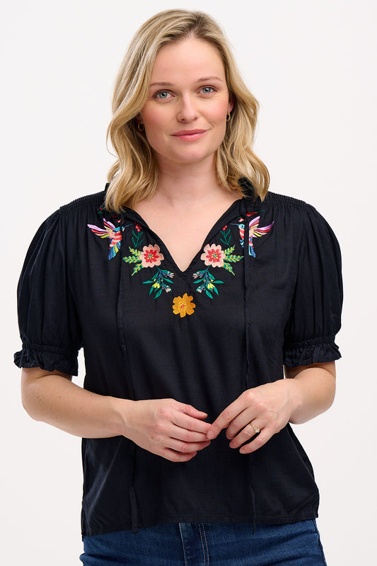 Angelique Shirred Top - Black, Tropical Hummingbird