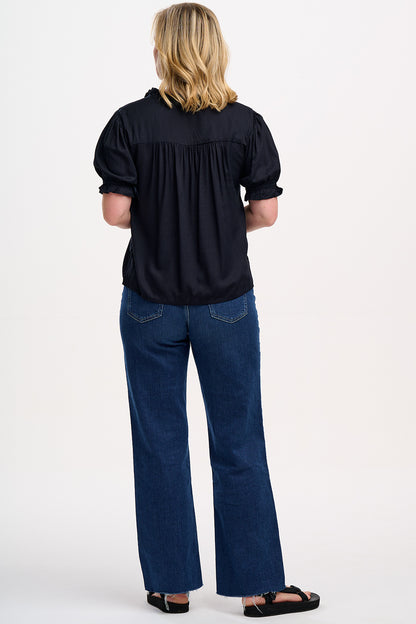 Angelique Shirred Top - Black, Tropical Hummingbird