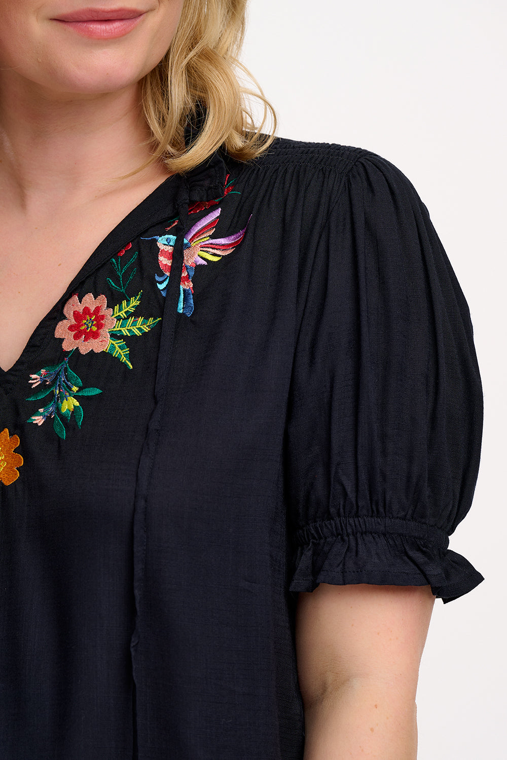 Angelique Shirred Top - Black, Tropical Hummingbird