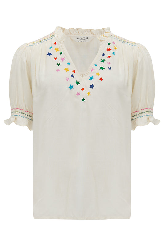 Haydee Shirred Top - Off White, Rainbow Stars