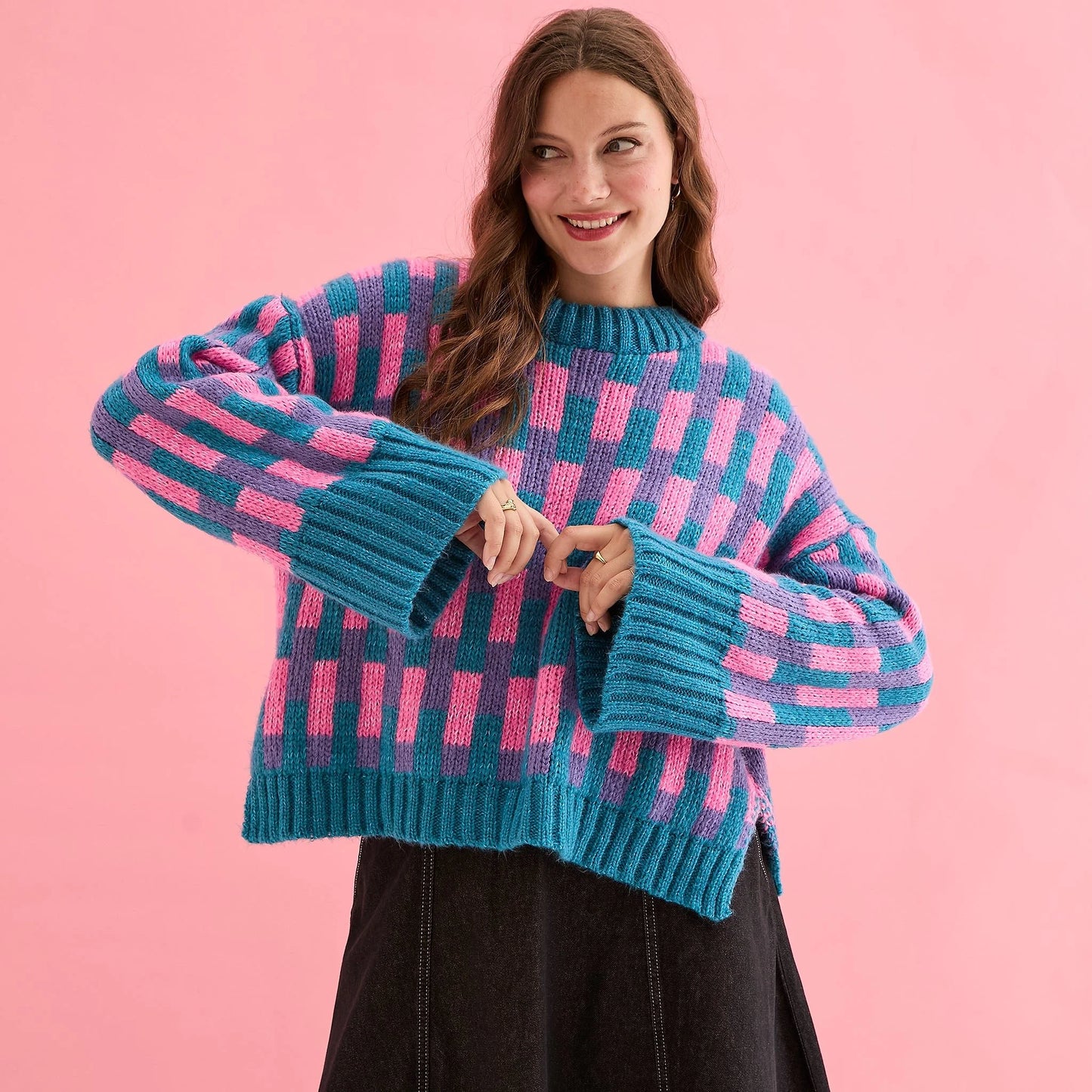 Charlotte Geometric Pattern Wide Sleeve Knit Jumper - Teal