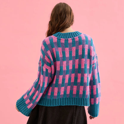 Charlotte Geometric Pattern Wide Sleeve Knit Jumper - Teal