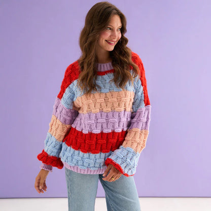 Mandy Criss-Cross Stitch Balloon Sleeve Stripe Jumper - Orange