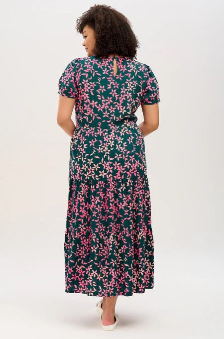 Portia Batik Maxi Tiered Dress - Teal Green, Floral Leaf