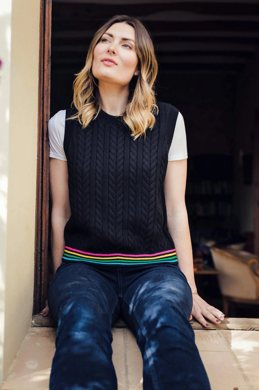 Myrtle Cable Knit Vest - Black, Rainbow Tipping