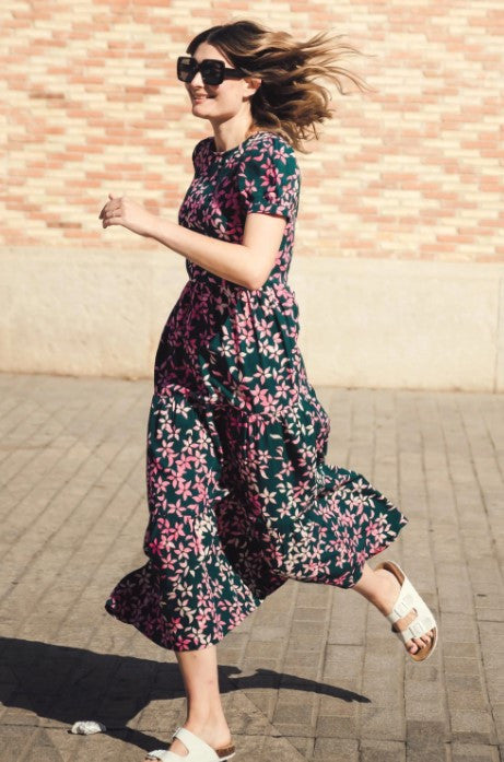Portia Batik Maxi Tiered Dress - Teal Green, Floral Leaf