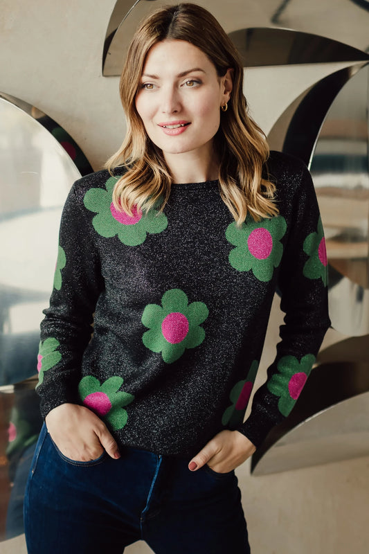 Rowena Jumper - Black, Sparkle Flowers