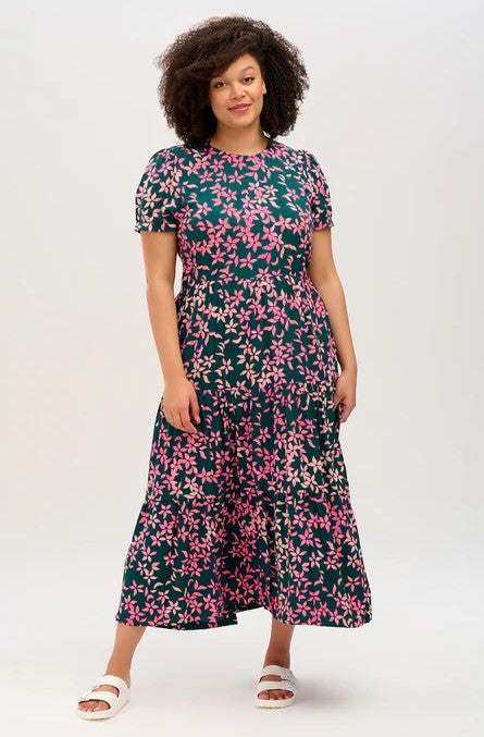 Portia Batik Maxi Tiered Dress - Teal Green, Floral Leaf
