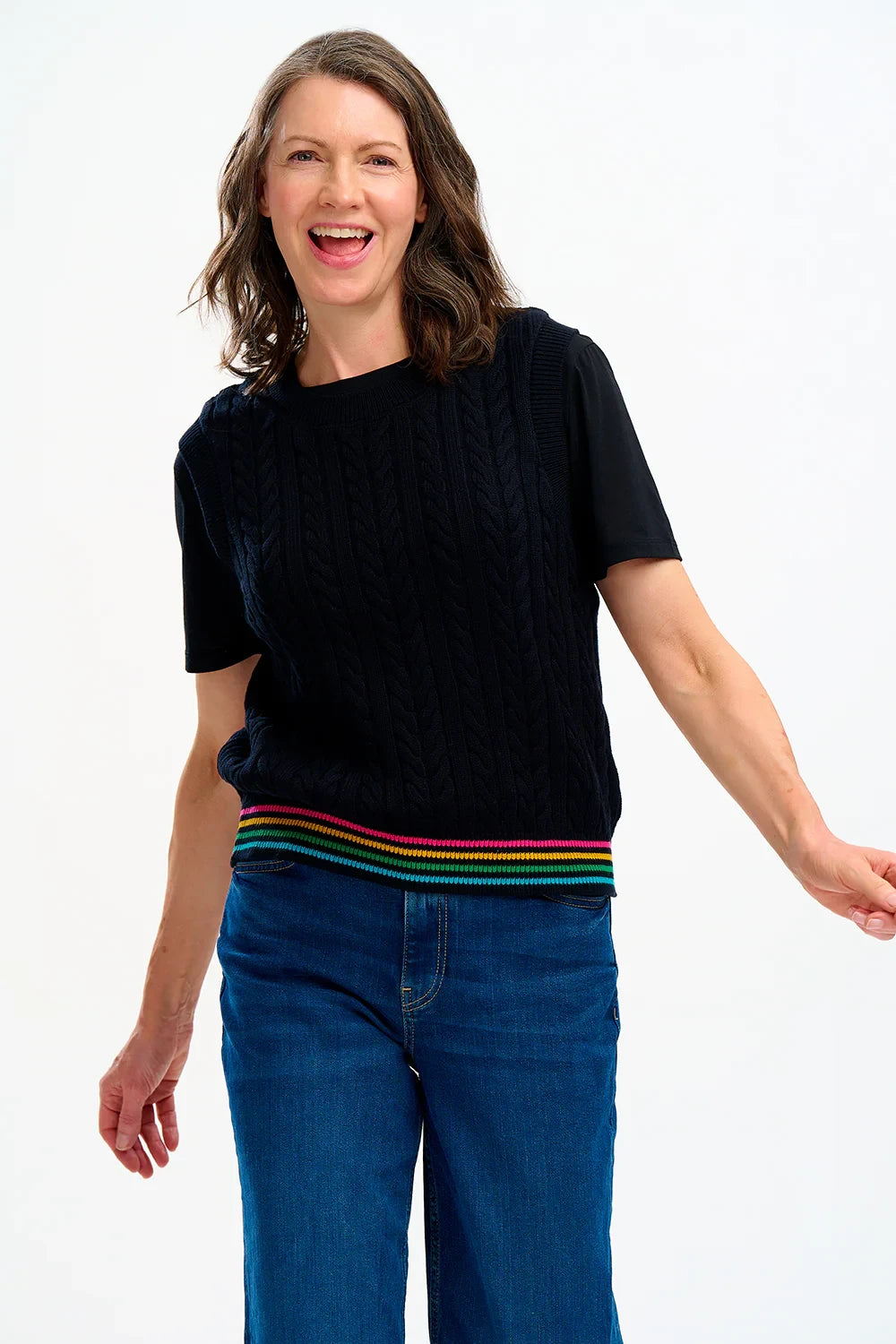 Myrtle Cable Knit Vest - Black, Rainbow Tipping